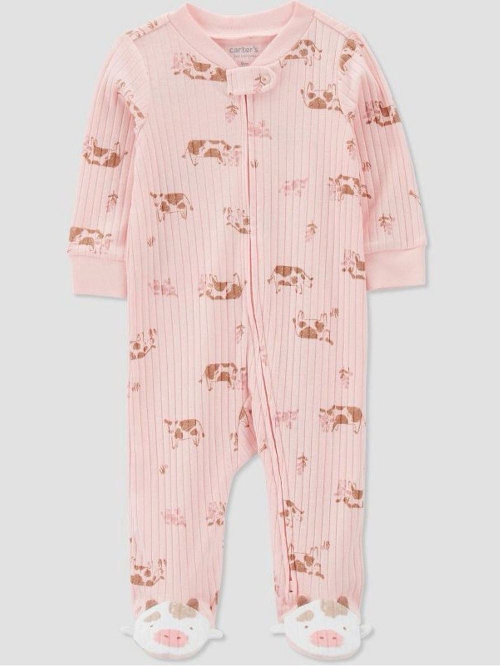 Long Sleeve Ribbed footed one piece, Pink with Cow Print, 3-6 month
